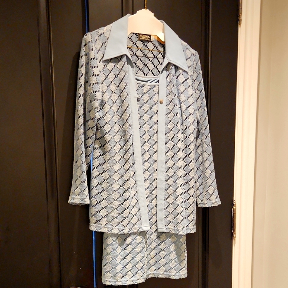 Vintage Elegant Light Blue Knit Lace Dress And Jacket